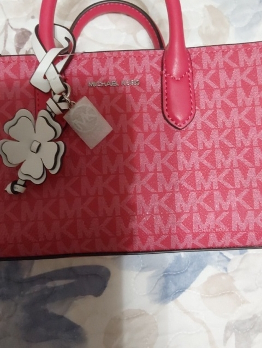 NWT Michael Kors Pink Signature MK Logo Satchel with Flower Charm - Picture 10 of 10